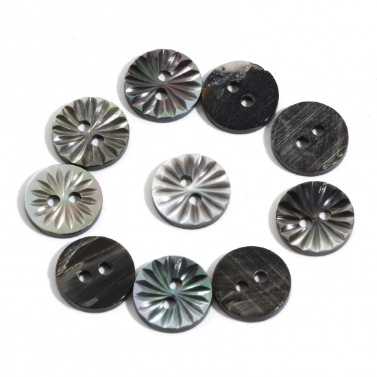 Picture of Natural Shell Sewing Buttons Scrapbooking 2 Holes Round Black Flower Pattern 11mm Dia, 5 PCs