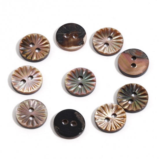 Picture of Natural Shell Sewing Buttons Scrapbooking 2 Holes Round Coffee Flower Pattern 11mm Dia, 5 PCs