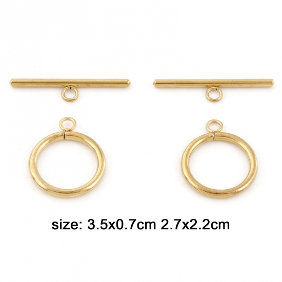 Picture of 2 Sets Eco-friendly Stainless Steel Toggle Clasps Circle Ring 18K Gold Plated 3.5x0.7cm 2.7x2.2cm