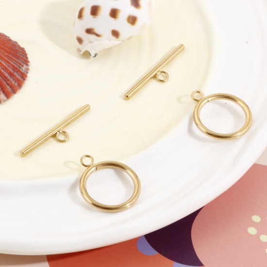 Picture of 2 Sets Eco-friendly Stainless Steel Toggle Clasps Circle Ring 18K Gold Plated 3.5x0.7cm 2.7x2.2cm