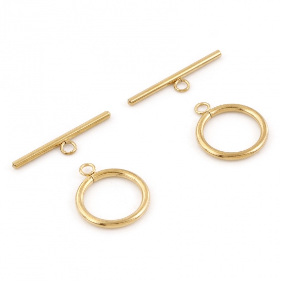 Picture of 2 Sets Eco-friendly Stainless Steel Toggle Clasps Circle Ring 18K Gold Plated 3.5x0.7cm 2.7x2.2cm