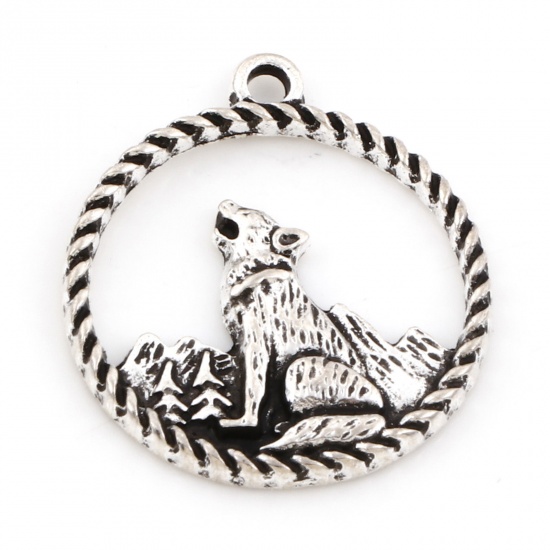 Picture of Zinc Based Alloy Charms Antique Silver Color Round Wolf 24mm x 21mm, 10 PCs