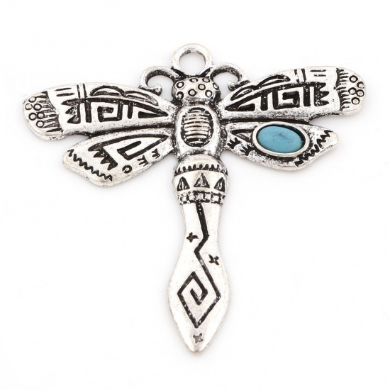 Picture of Zinc Based Alloy Boho Chic Bohemia Pendants Antique Silver Color Dragonfly Animal Carved Pattern Imitation Turquoise 4.7cm x 4.6cm, 2 PCs