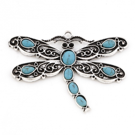 Picture of Zinc Based Alloy Boho Chic Bohemia Pendants Antique Silver Color Dragonfly Animal Carved Pattern Imitation Turquoise 5.9cm x 4.5cm, 2 PCs