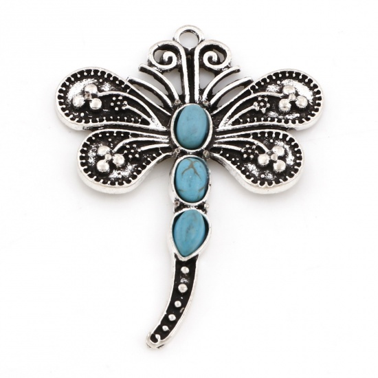 Picture of Zinc Based Alloy Boho Chic Bohemia Pendants Antique Silver Color Dragonfly Animal Carved Pattern Imitation Turquoise 4.6cm x 3.4cm, 2 PCs