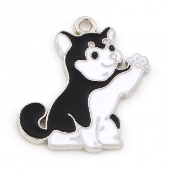 Bild von Zinklegierung Niedlich Charms Silberfarbe Schwarz & Weiß Hund Emaille 26mm x 23mm, 10 Stück