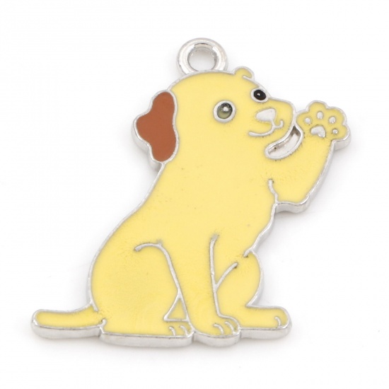 Bild von Zinklegierung Niedlich Charms Silberfarbe Gelb Hund Emaille 27mm x 25mm, 10 Stück