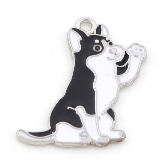Bild von Zinklegierung Niedlich Charms Silberfarbe Schwarz & Weiß Hund Emaille 26mm x 24mm, 10 Stück