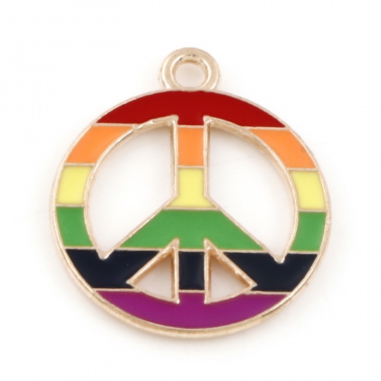Picture of Zinc Based Alloy Weather Collection Charms Gold Plated Multicolor Peace Symbol Rainbow 21mm x 18mm, 10 PCs
