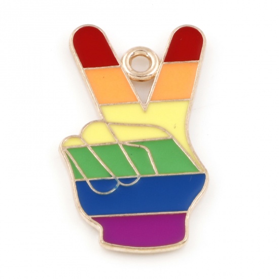 Picture of Zinc Based Alloy Weather Collection Charms Gold Plated Multicolor V Victory Hand Sign Gesture Rainbow 26mm x 15mm, 10 PCs