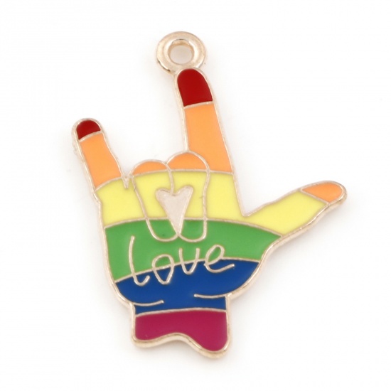 Picture of Zinc Based Alloy Weather Collection Charms Gold Plated Multicolor I LOVE YOU Hand Sign Gesture Rainbow 29mm x 22mm, 10 PCs