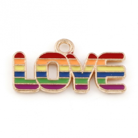 Picture of Zinc Based Alloy Weather Collection Charms Gold Plated Multicolor Rainbow Message " LOVE " 22mm x 12mm, 10 PCs