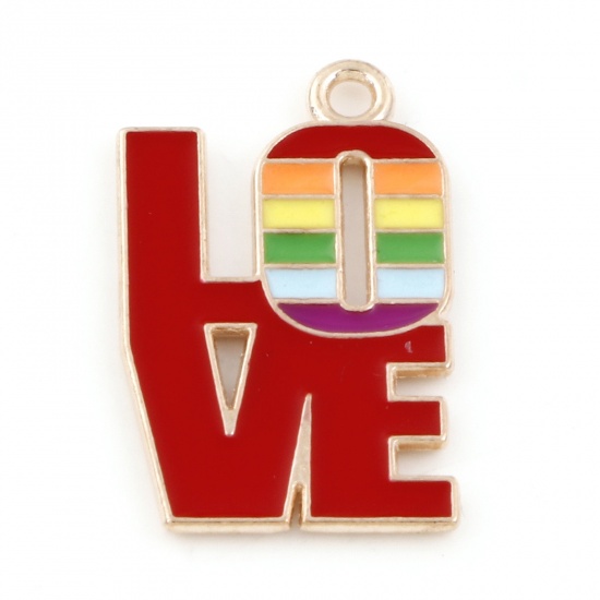 Picture of Zinc Based Alloy Weather Collection Charms Gold Plated Multicolor Rainbow Message " LOVE " 24mm x 15mm, 10 PCs