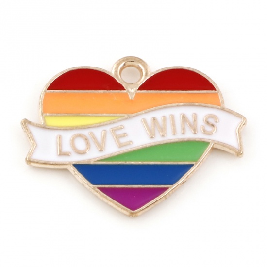 Picture of Zinc Based Alloy Weather Collection Charms Gold Plated Multicolor Heart Rainbow 22mm x 17mm, 10 PCs