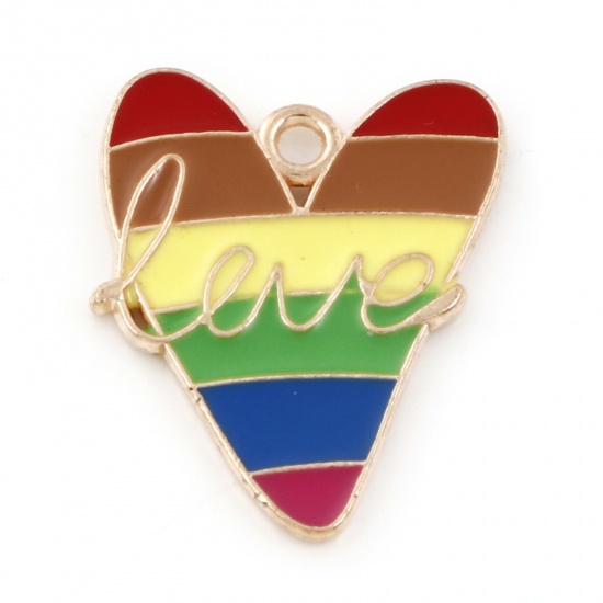 Picture of Zinc Based Alloy Weather Collection Charms Gold Plated Multicolor Rainbow Message " LOVE " 22.5mm x 18mm, 10 PCs