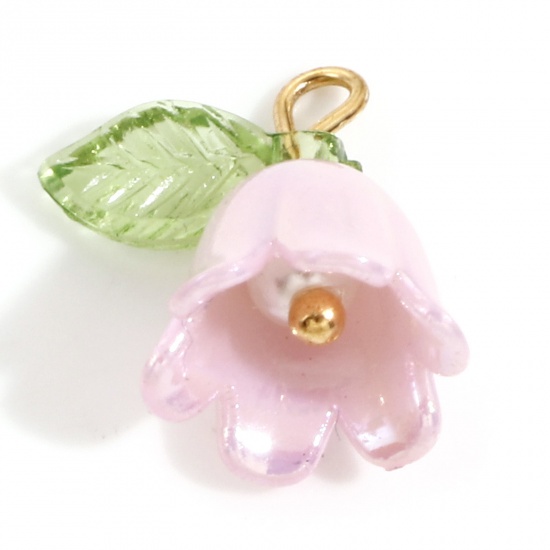 Picture of Zinc Based Alloy & Resin Charms Gold Plated Pink Flower Leaves Lily Of The Valley Flower 3D 14.5mm x 14mm, 10 PCs