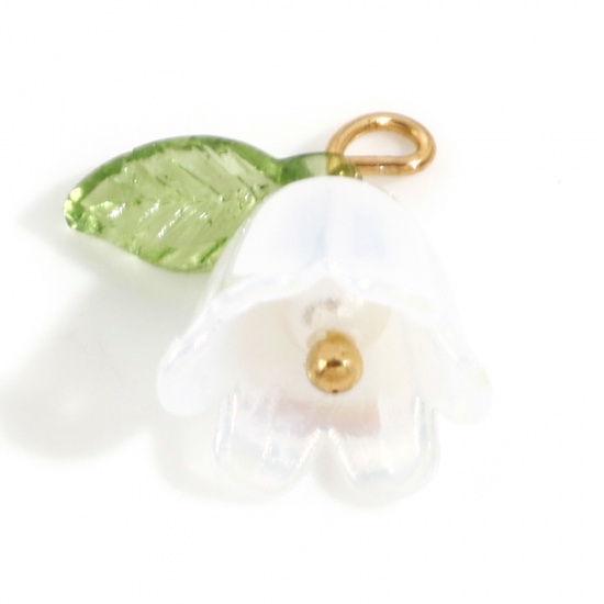 Immagine di Lega di Zinco + Resina Charms Le foglie del Fiore Oro Placcato Bianco Mughetto 3D 14.5mm x 14mm , 10 Pz