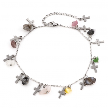 Bild von Großhandel Chip Perlen Kreuz Bunt 201 Edelstahl Kreuz Gliederketten Fußketten, Silberfarbe Frauen Religiös Stilvoll Geschenk Schmuckbedarf, 22.5cm lang, 1 Strang