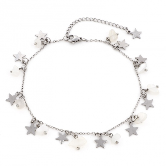 Picture of 201 Stainless Steel Galaxy Link Cable Chain Anklet Silver Tone White Chip Beads Pentagram Star 23cm(9") long, 1 Piece