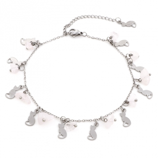 Picture of 201 Stainless Steel Pet Silhouette Link Cable Chain Anklet Silver Tone Light Pink Chip Beads Cat 22.5cm(8 7/8") long, 1 Piece