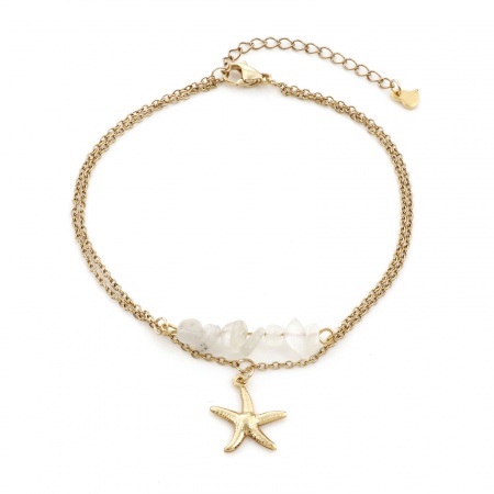 Bild von Großhandel Chip Perlen Seesterne 304 Edelstahl Erbskette Kette Mehrschichtige Fußkette, Vergoldet Frauen Stilvoll Geschenk Schmuckbedarf, 22.5cm lang, 1 Strang