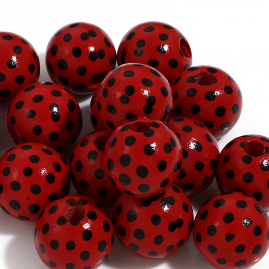 Image de Perles pour DIY Fabrication de Bijoux de Charme Insecte Intercalaires en Bois de Cyprès Rond Rouge à Pois 16mm Dia, Trou: env. 3.2mm-4.2mm, 20 Pcs