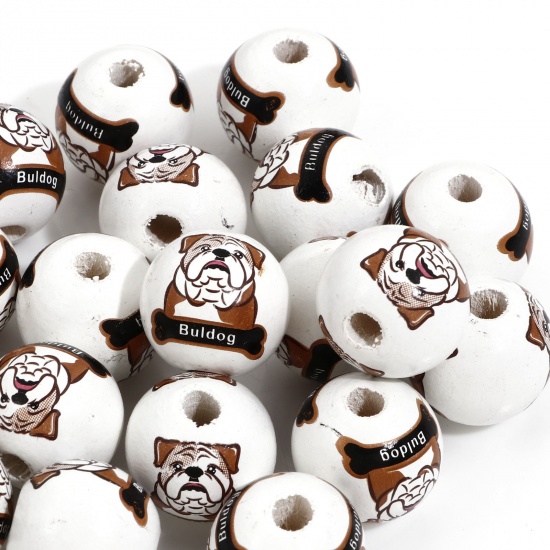 Picture of Hinoki Wood Spacer Beads For DIY Charm Jewelry Making Round White Dog About 16mm Dia., Hole: Approx 3.2mm - 4.2mm, 20 PCs