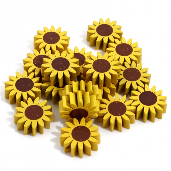 Picture of Hinoki Wood Spacer Beads For DIY Charm Jewelry Making Sunflower Yellow About 21.5mm x 21mm, Hole: Approx 2.4mm, 10 PCs