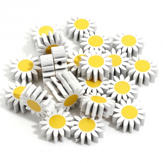 Picture of Hinoki Wood Spacer Beads For DIY Charm Jewelry Making Daisy Flower White About 21.5mm x 21mm, Hole: Approx 2.4mm, 10 PCs