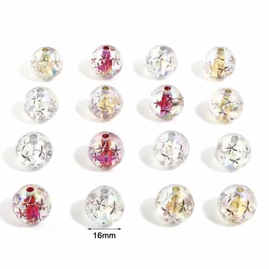 Picture of Acrylic Galaxy Beads For DIY Charm Jewelry Making At Random Mixed Color AB Rainbow Color Round Star About 16mm Dia., Hole: Approx 2.6mm, 10 PCs