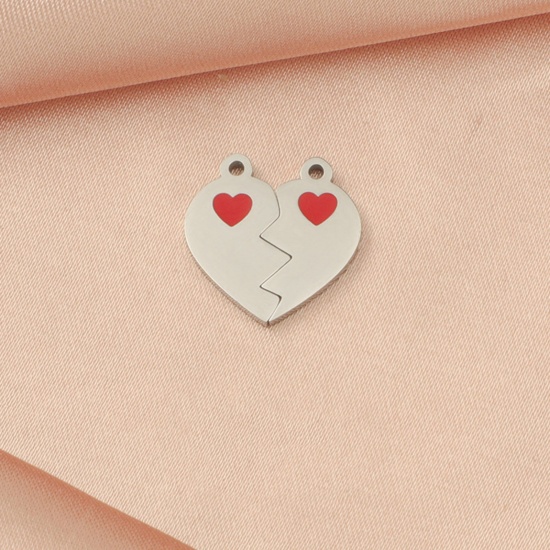 Bild von 1 Set ( 2 Stück/Set) 304 Edelstahl Valentinstag Charms Gebrochenes Herz Silberfarbe 15mm x 15mm