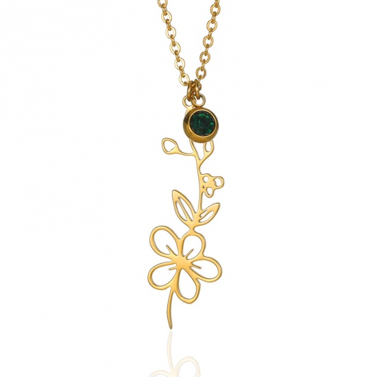 Picture of 304 Stainless Steel Birth Month Flower Rolo Chain Necklace 18K Gold Color May Hollow 38cm(15") long, 1 Piece