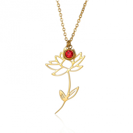 Picture of 304 Stainless Steel Birth Month Flower Rolo Chain Necklace 18K Gold Color July Hollow 38cm(15") long, 1 Piece