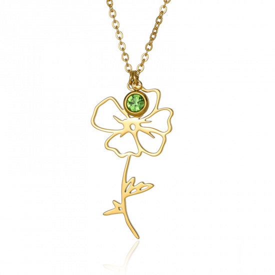 Picture of 304 Stainless Steel Birth Month Flower Rolo Chain Necklace 18K Gold Color August Hollow 38cm(15") long, 1 Piece