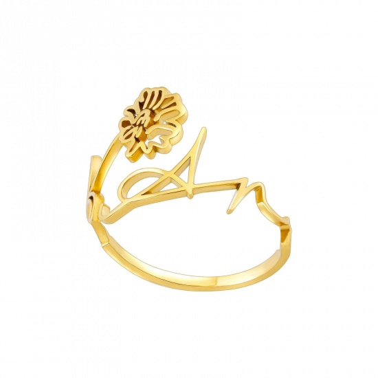 Imagen de 304 Acero Inoxidable Flor del Mes de Nacimiento Abierto Ajustable Anillos Chapado en Oro de 18K Abril Hueco 1 Unidad