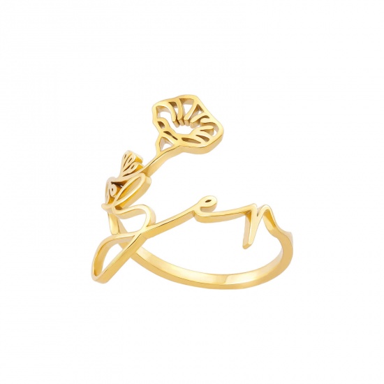 Imagen de 304 Acero Inoxidable Flor del Mes de Nacimiento Abierto Ajustable Anillos Chapado en Oro de 18K Septiembre Hueco 1 Unidad