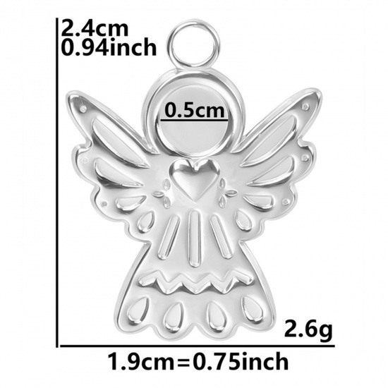 Picture of Eco-friendly 304 Stainless Steel Charms Silver Tone Round Angel Cabochon Settings 24mm x 19mm, 3 PCs