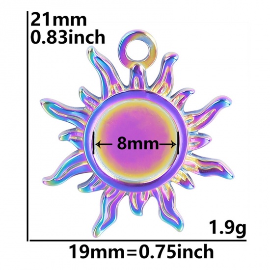 Picture of 3 PCs Eco-friendly PVD Vacuum Plating 304 Stainless Steel Charms Rainbow Color Plated Round Sun Cabochon Settings 21mm x 19mm