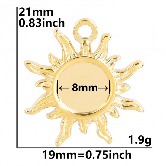 Picture of 3 PCs Eco-friendly PVD Vacuum Plating 304 Stainless Steel Charms 18K Gold Plated Round Sun Cabochon Settings 21mm x 19mm