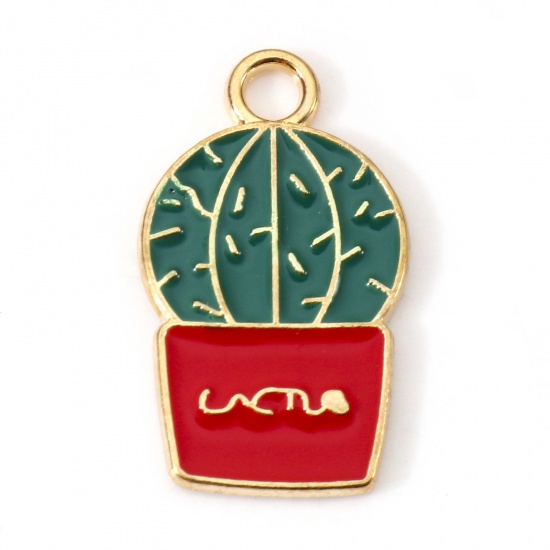 Picture of Zinc Based Alloy Charms Gold Plated Red & Green Cactus Enamel 22mm x 13mm, 20 PCs