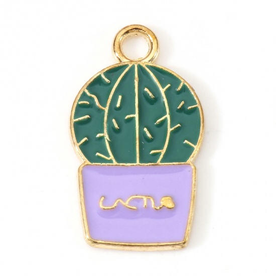 Picture of Zinc Based Alloy Charms Gold Plated Purple & Green Cactus Enamel 22mm x 13mm, 20 PCs