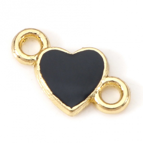 Picture of Zinc Based Alloy Valentine's Day Connectors Charms Pendants Gold Plated Black Heart Enamel 14mm x 8mm, 20 PCs