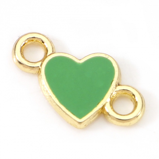 Picture of Zinc Based Alloy Valentine's Day Connectors Charms Pendants Gold Plated Green Heart Enamel 14mm x 8mm, 20 PCs