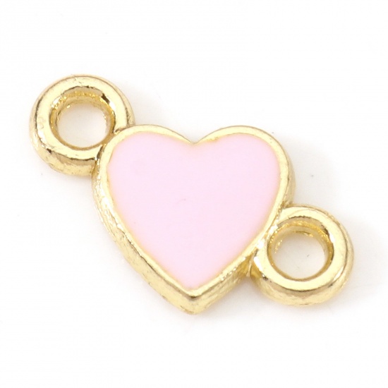 Picture of Zinc Based Alloy Valentine's Day Connectors Charms Pendants Gold Plated Pink Heart Enamel 14mm x 8mm, 20 PCs