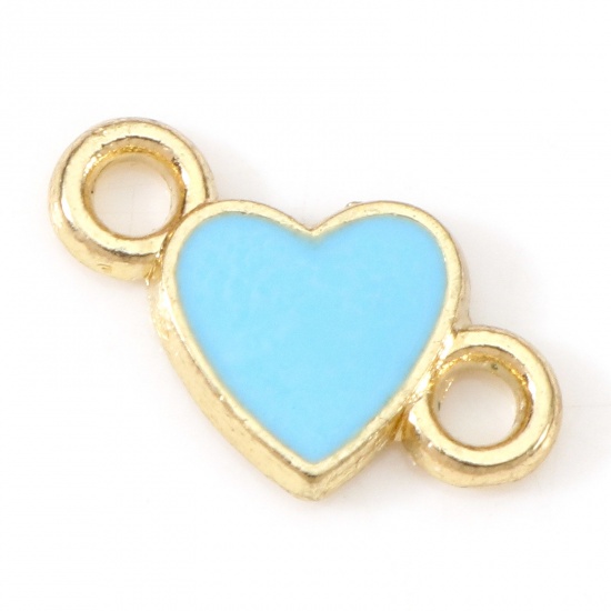 Picture of Zinc Based Alloy Valentine's Day Connectors Charms Pendants Gold Plated Blue Heart Enamel 14mm x 8mm, 20 PCs