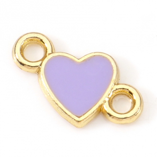Picture of Zinc Based Alloy Valentine's Day Connectors Charms Pendants Gold Plated Purple Heart Enamel 14mm x 8mm, 20 PCs
