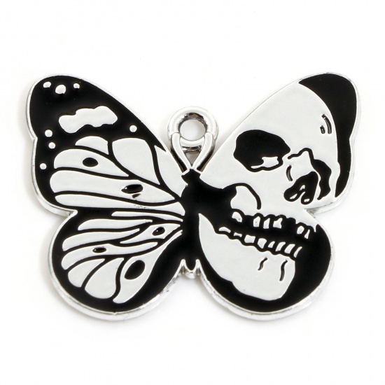 Picture of Zinc Based Alloy Halloween Charms Silver Tone Black Butterfly Animal Skull Enamel 28mm x 23mm, 10 PCs