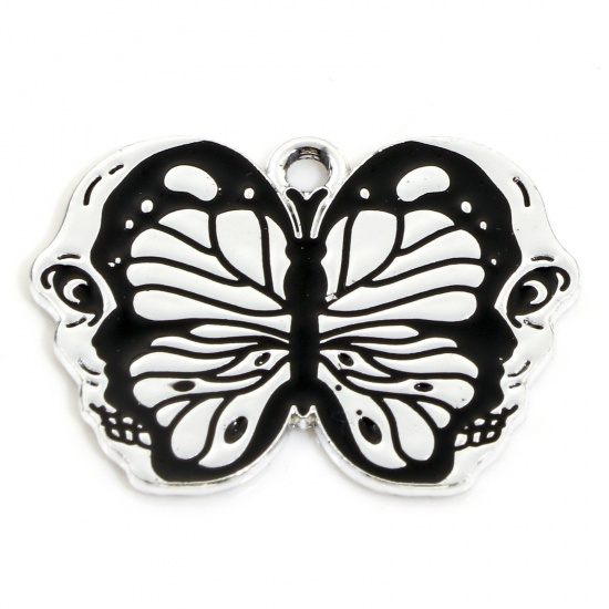 Picture of Zinc Based Alloy Halloween Charms Silver Tone Black Butterfly Animal Enamel 28mm x 21mm, 10 PCs