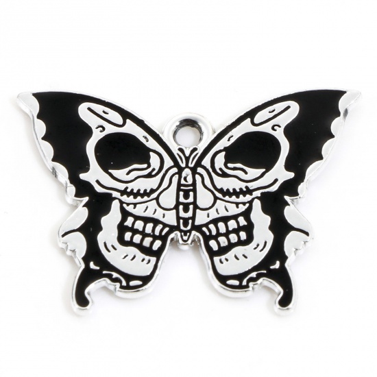 Picture of Zinc Based Alloy Halloween Charms Silver Tone Black Butterfly Animal Skull Enamel 28mm x 20mm, 10 PCs