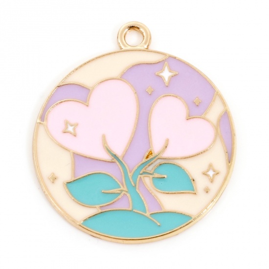 Picture of Zinc Based Alloy Valentine's Day Charms Gold Plated Multicolor Round Flower Enamel 28mm x 24.5mm, 10 PCs